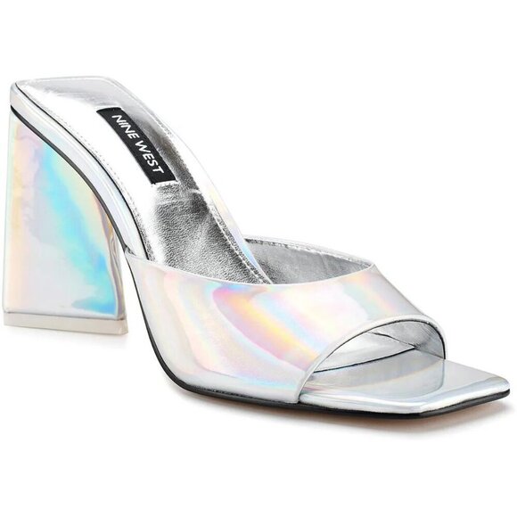 Nine West Womens Size 7M Yougo Heeled Slide Sandals in Iridescent Silver $99